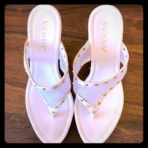 White Wedge Flip Flop Sandal with Cork Heel